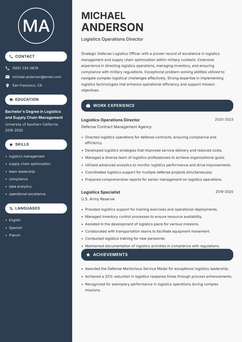 Defense Logistics Officer resume template — Compact