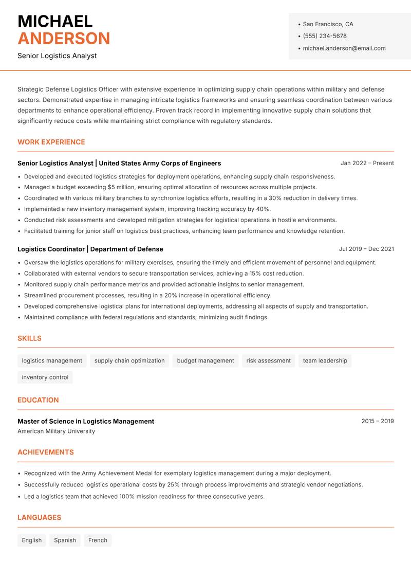 Defense Logistics Officer resume template — Modern Professional