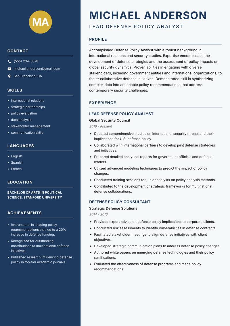 Defense Policy Analyst resume template — Classic Clean