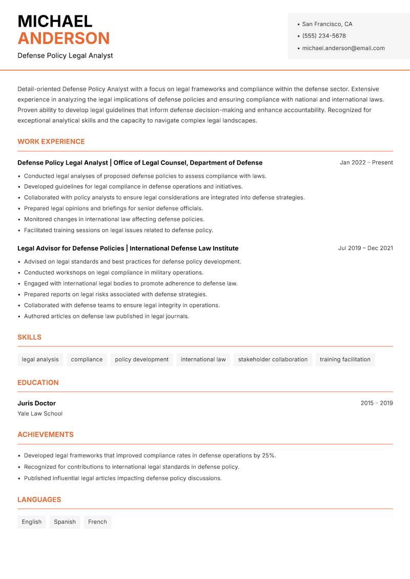 Defense Policy Analyst resume template — Modern Professional