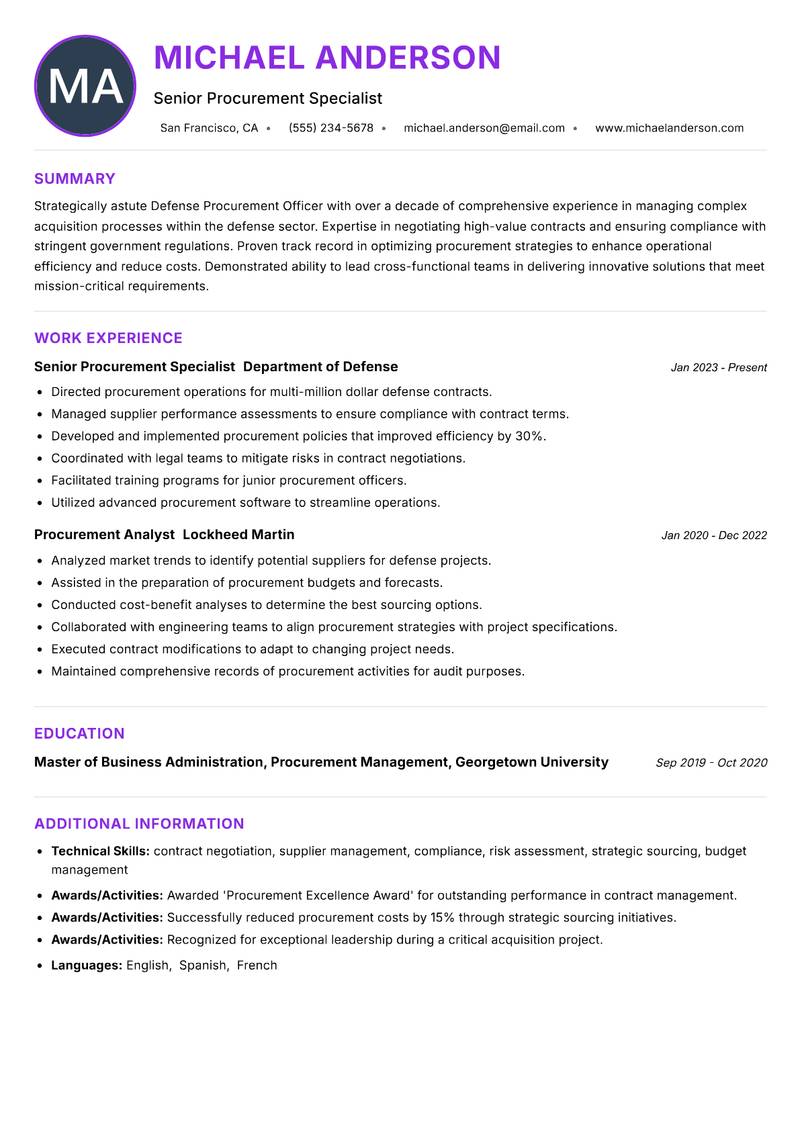 Defense Procurement Officer resume example — ATS-friendly template