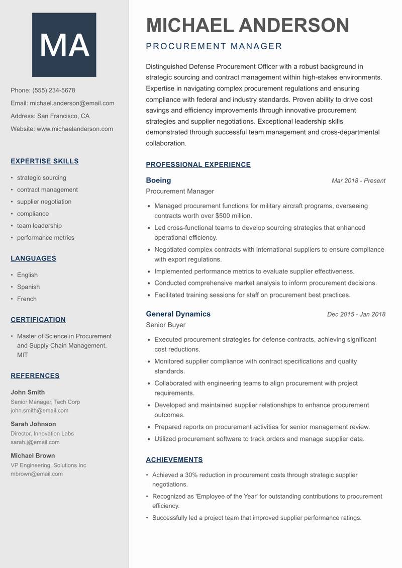 Defense Procurement Officer resume template — Creative Minimal