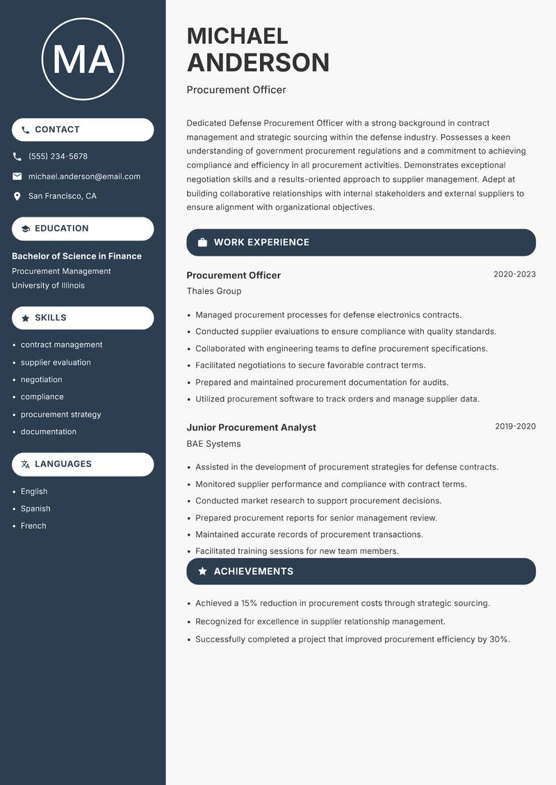 Defense Procurement Officer resume template — Compact