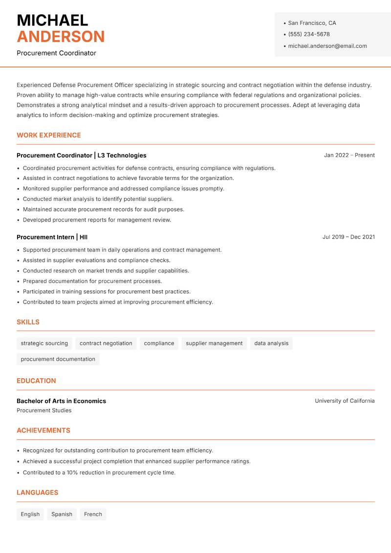 Defense Procurement Officer resume template — Modern Professional