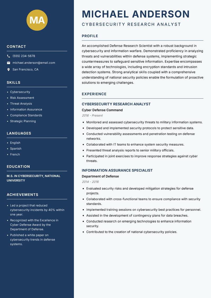 Defense Research Scientist resume template — Classic Clean