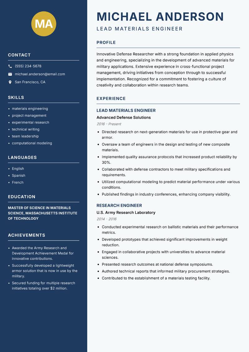 Defense Researcher resume template — Classic Clean