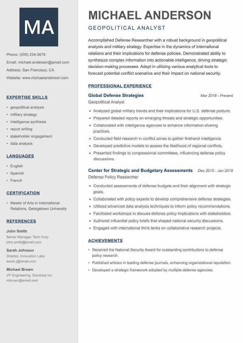 Defense Researcher resume template — Creative Minimal