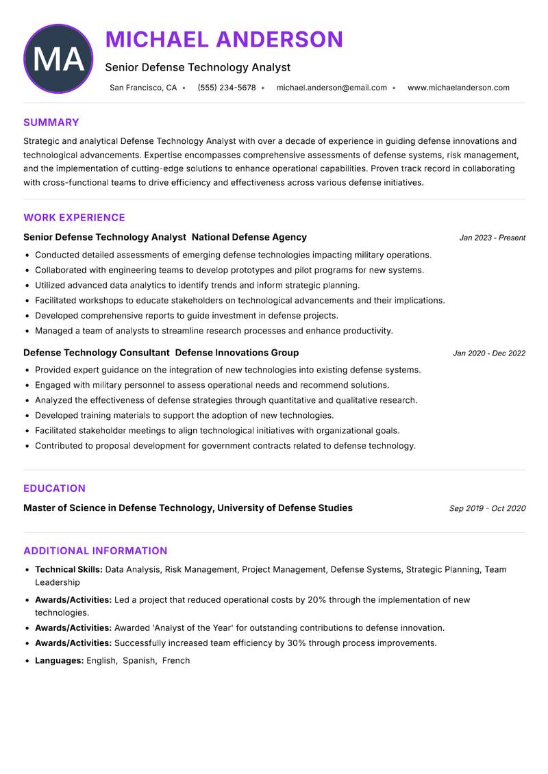 Defense Technology Analyst resume example — ATS-friendly template