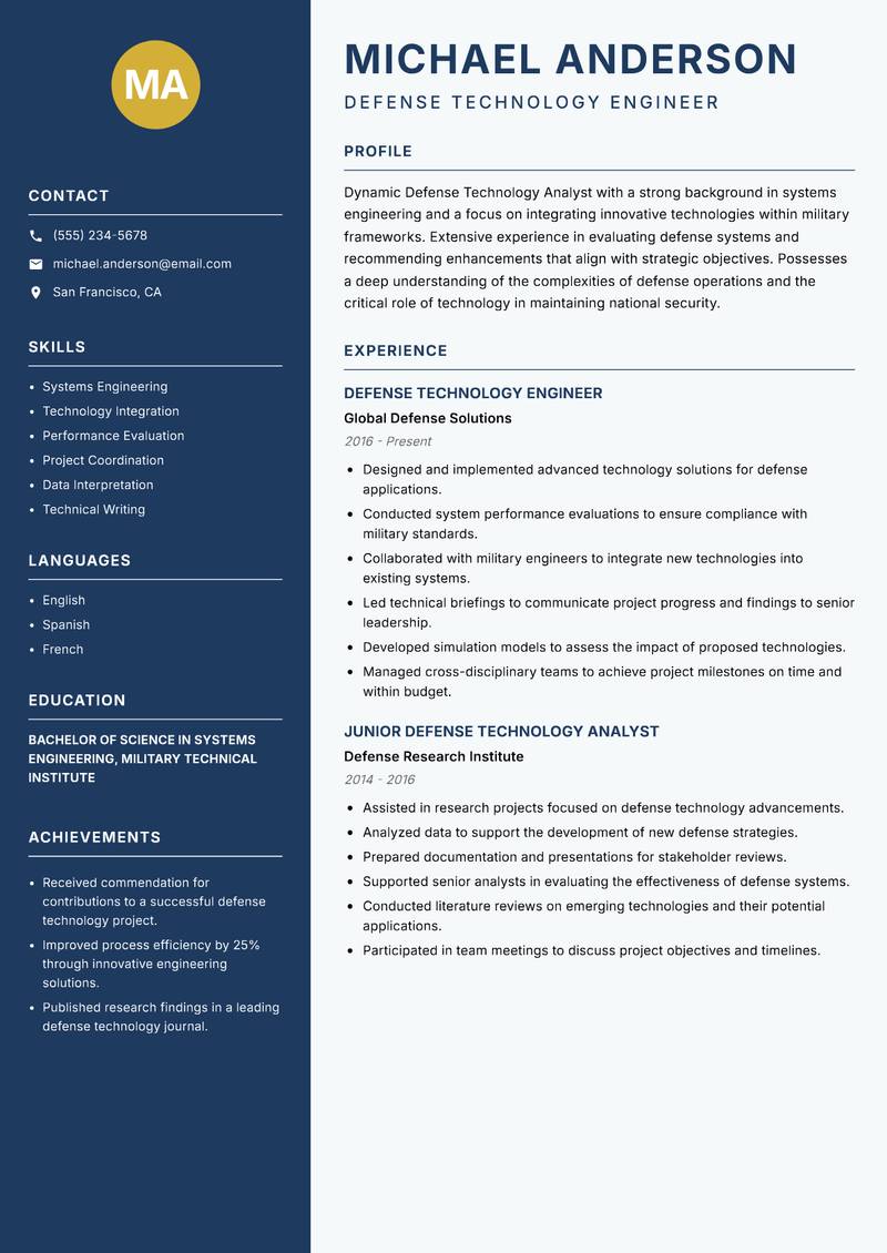 Defense Technology Analyst resume template — Classic Clean