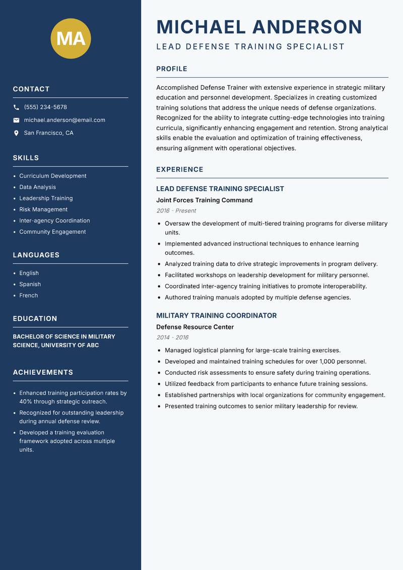 Defense Trainer resume template — Classic Clean