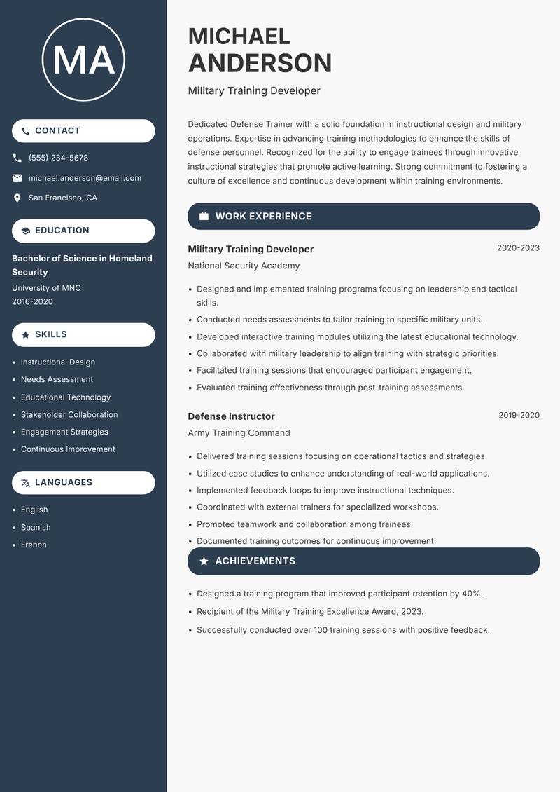 Defense Trainer resume template — Compact