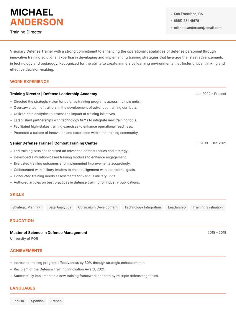 Defense Trainer resume template — Modern Professional