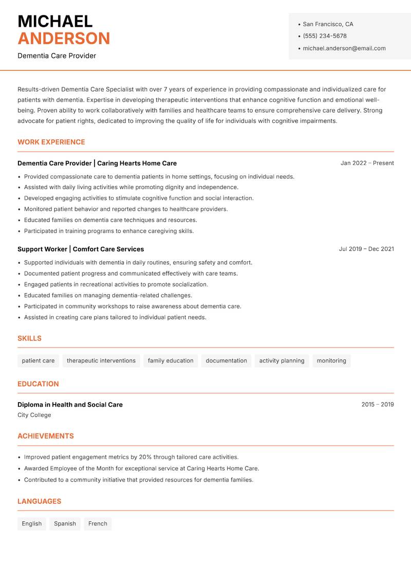 Dementia Care Specialist resume template — Modern Professional