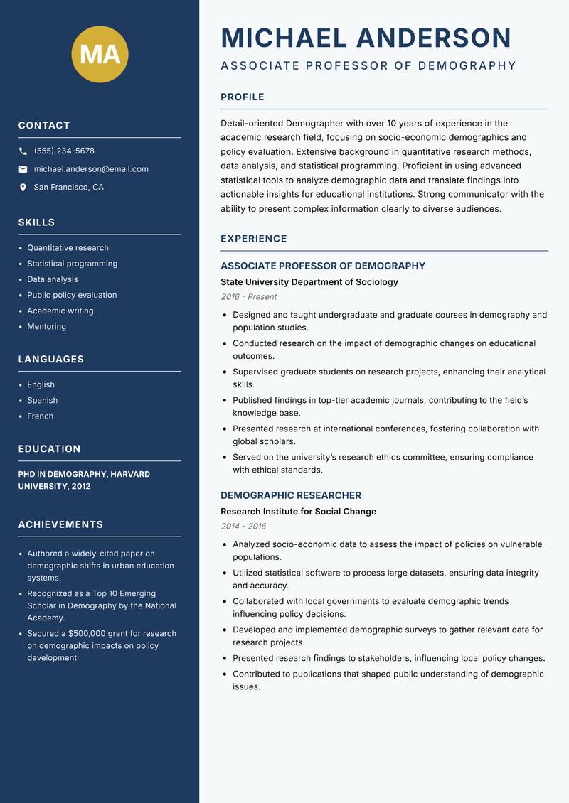 Demographer resume template — Classic Clean