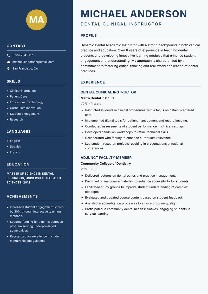 Dental Academic Instructor resume template — Classic Clean