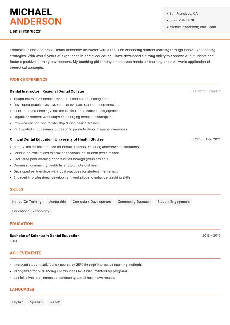 Dental Academic Instructor resume template — Modern Professional