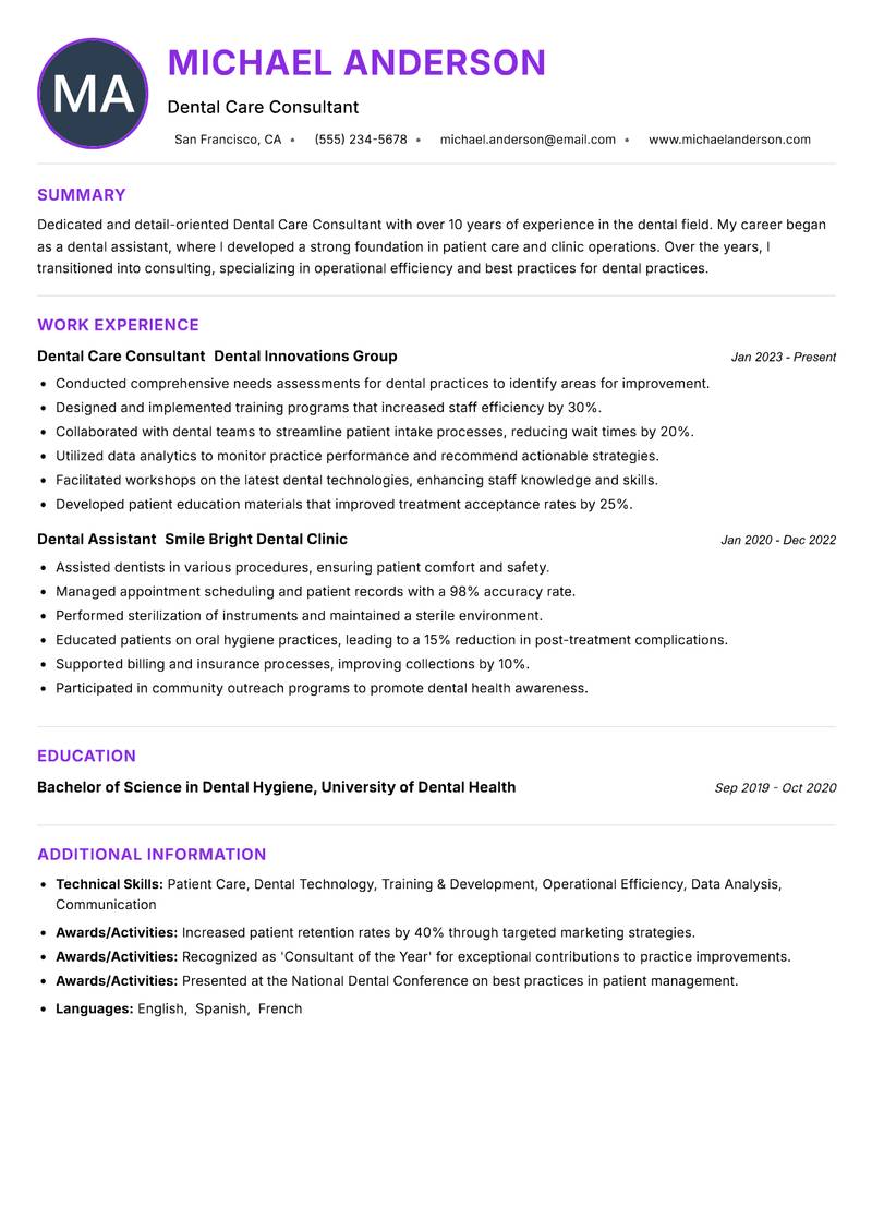 Dental Care Consultant resume example — ATS-friendly template