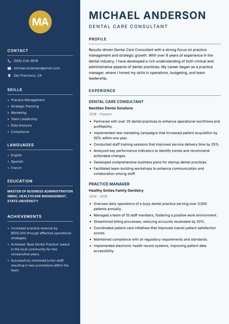 Dental Care Consultant resume template — Classic Clean