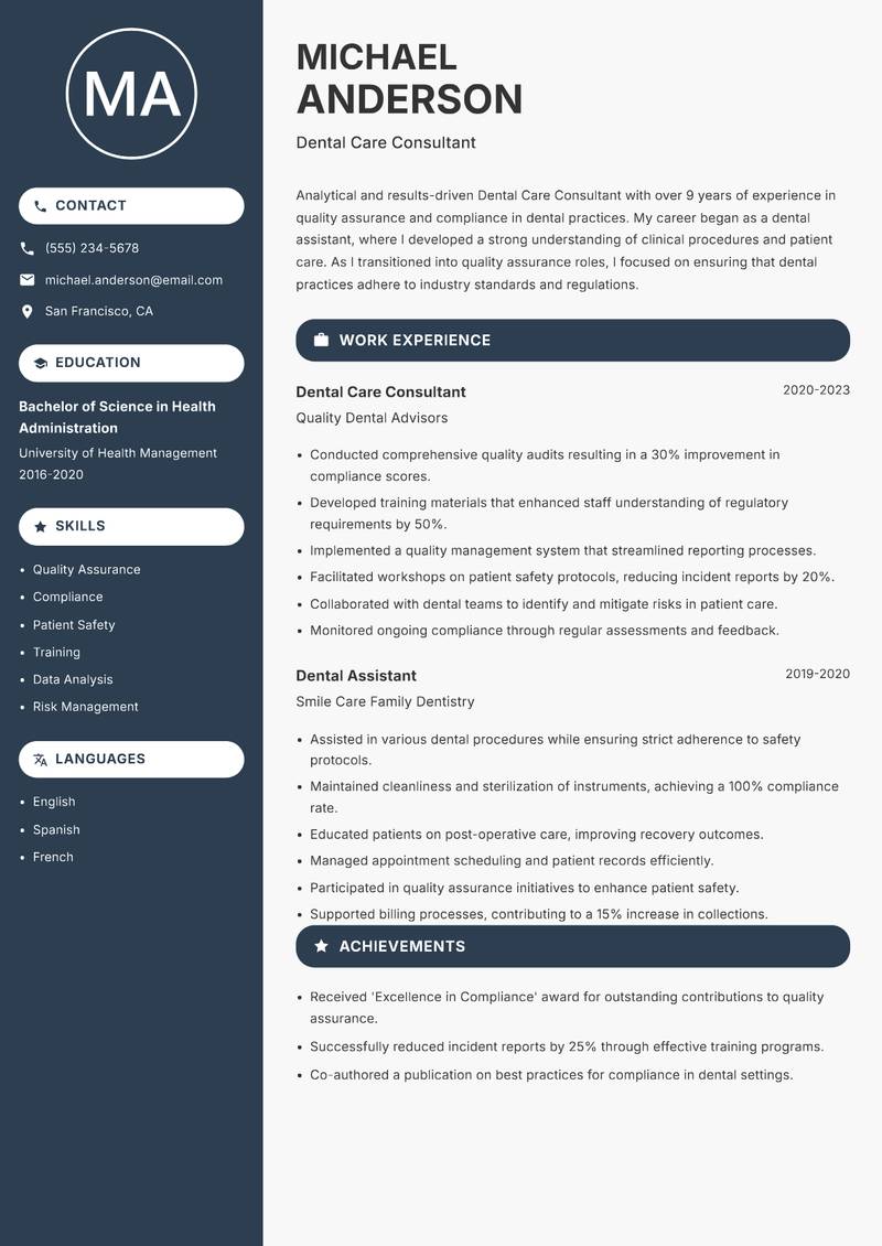 Dental Care Consultant resume template — Compact