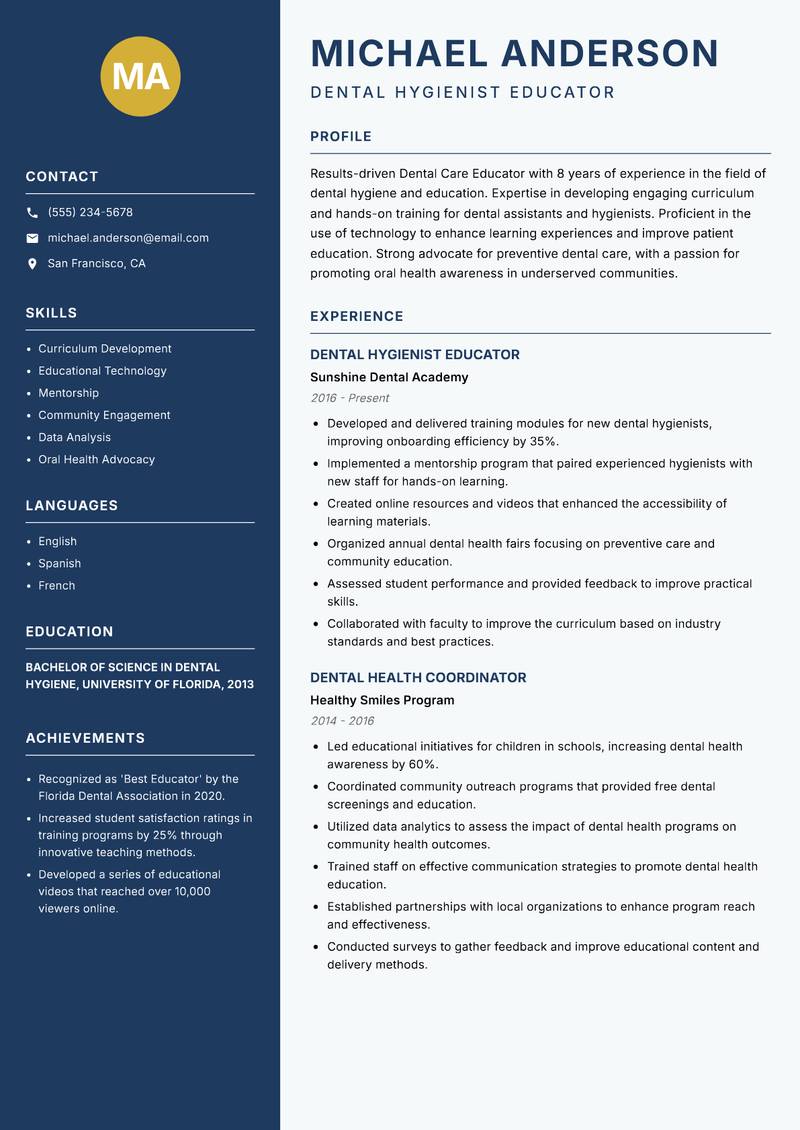 Dental Care Educator resume template — Classic Clean