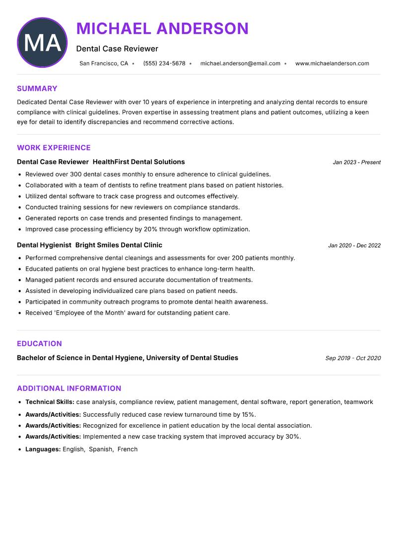 Dental Case Reviewer resume example — ATS-friendly template