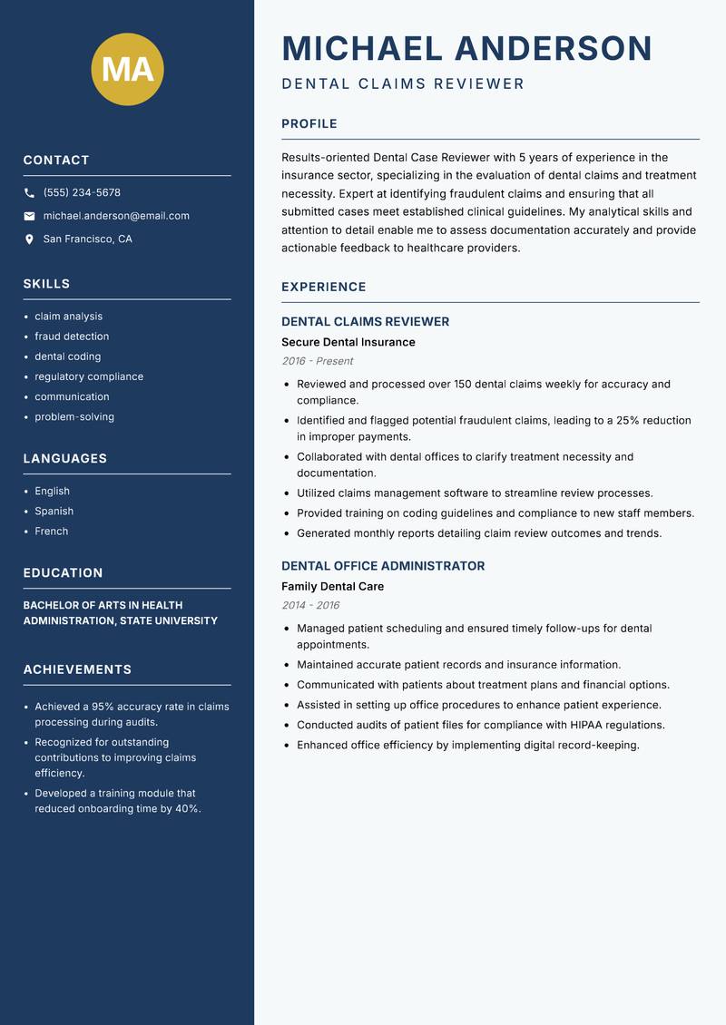 Dental Case Reviewer resume template — Classic Clean