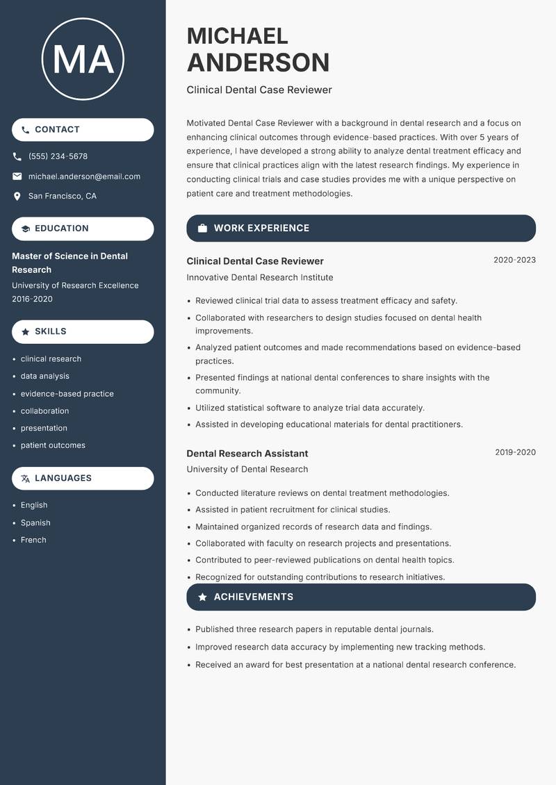 Dental Case Reviewer resume template — Compact