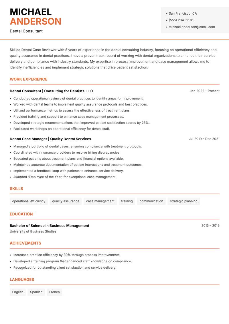 Dental Case Reviewer resume template — Modern Professional