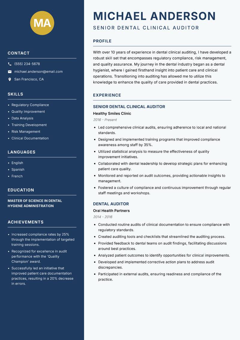 Dental Clinical Auditor resume template — Classic Clean