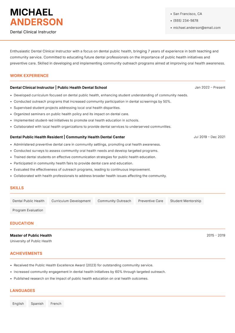 Dental Clinical Instructor resume template — Modern Professional