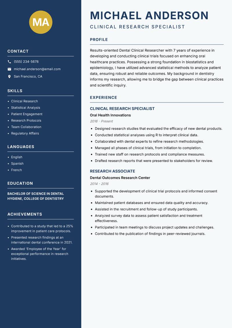 Dental Clinical Researcher resume template — Classic Clean