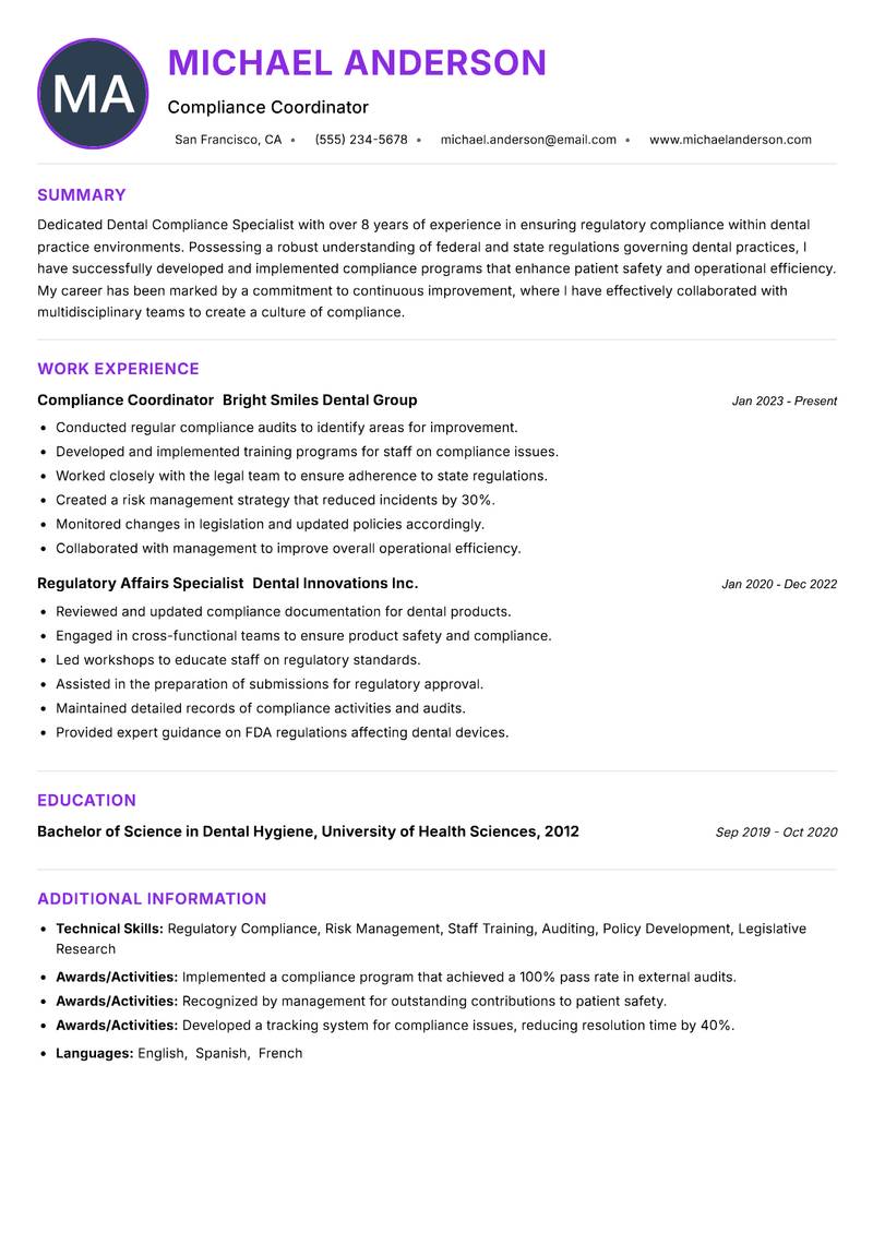 Dental Compliance Specialist resume example — ATS-friendly template