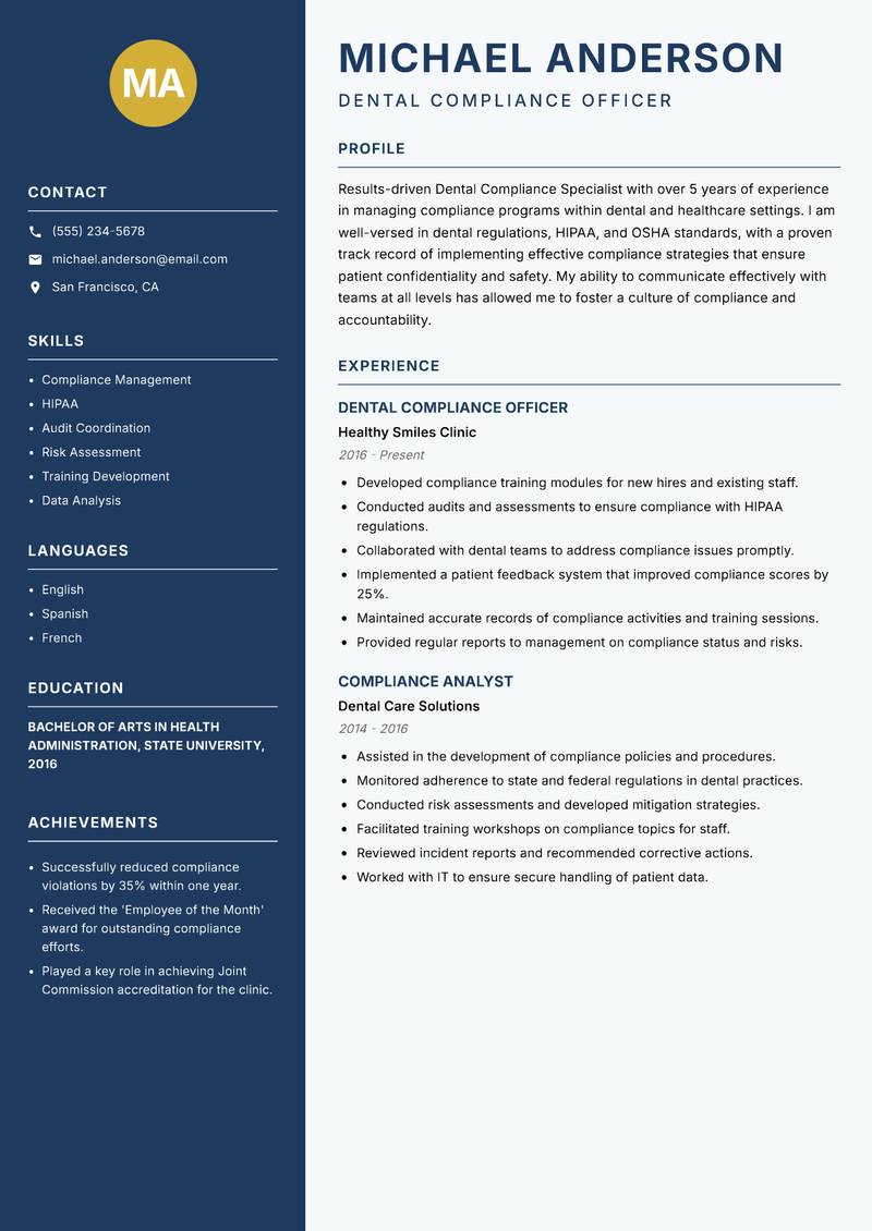 Dental Compliance Specialist resume template — Classic Clean