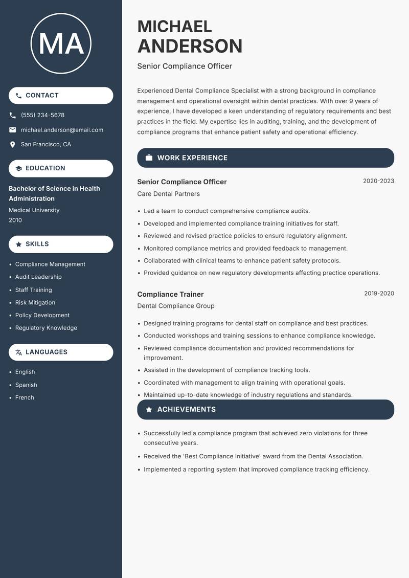 Dental Compliance Specialist resume template — Compact