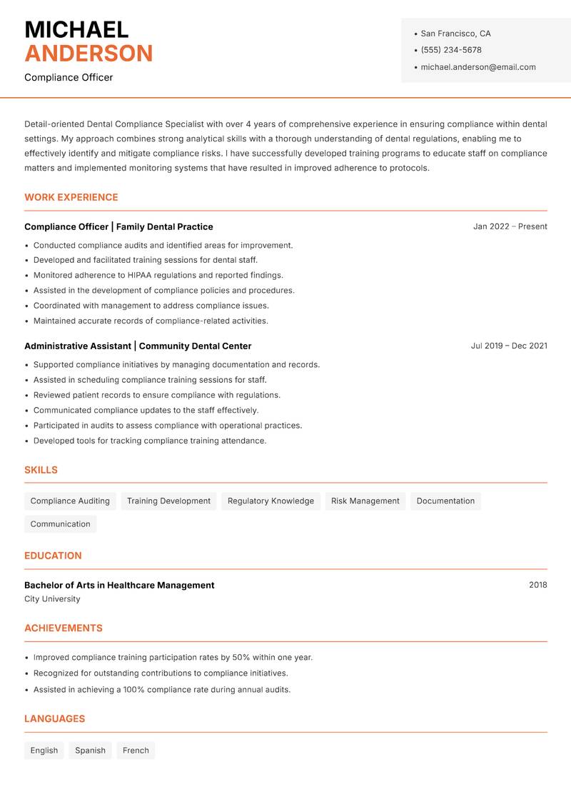 Dental Compliance Specialist resume template — Modern Professional