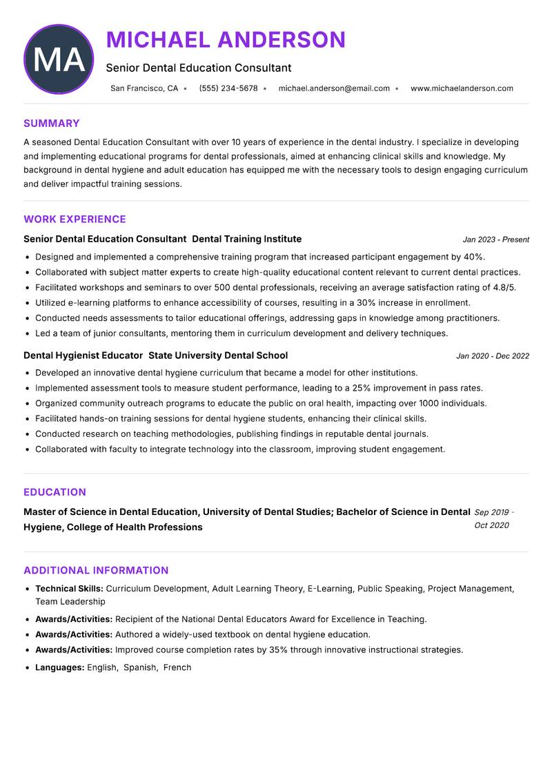 Dental Education Consultant resume example — ATS-friendly template