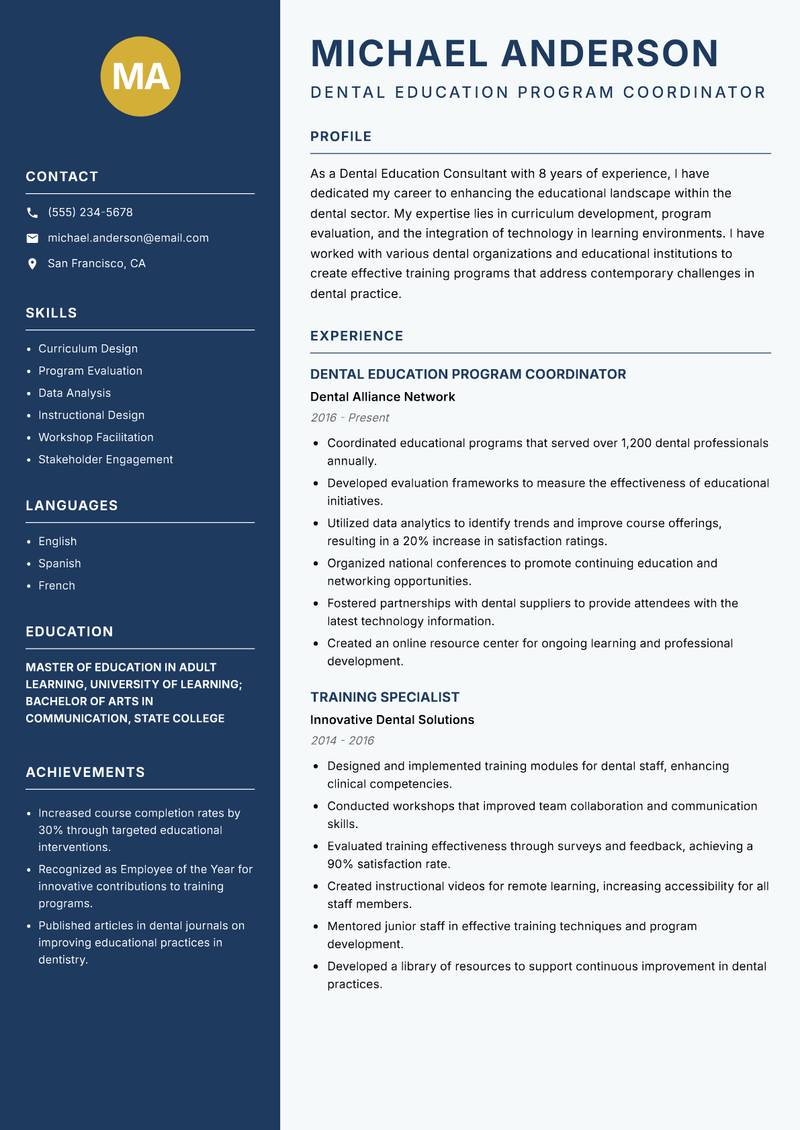 Dental Education Consultant resume template — Classic Clean