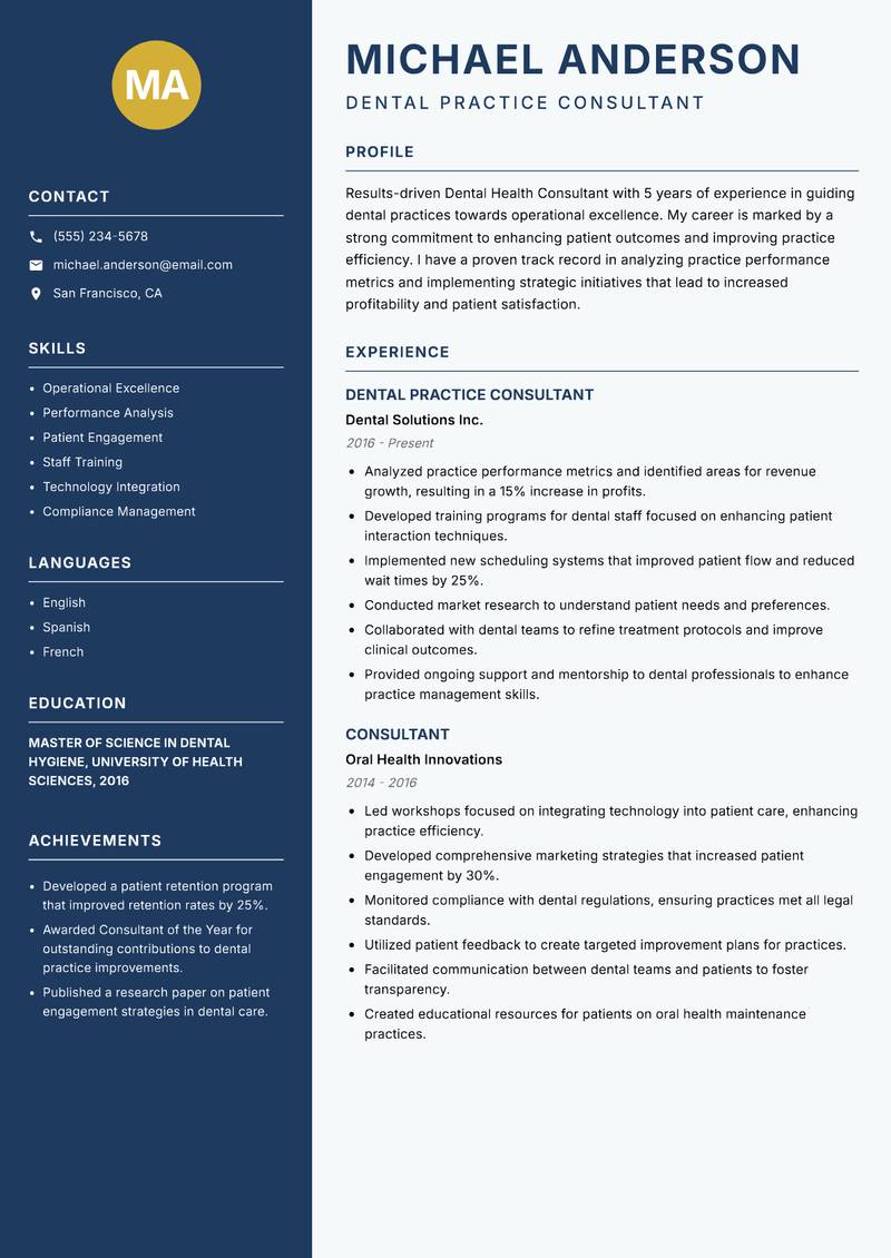 Dental Health Consultant resume template — Classic Clean