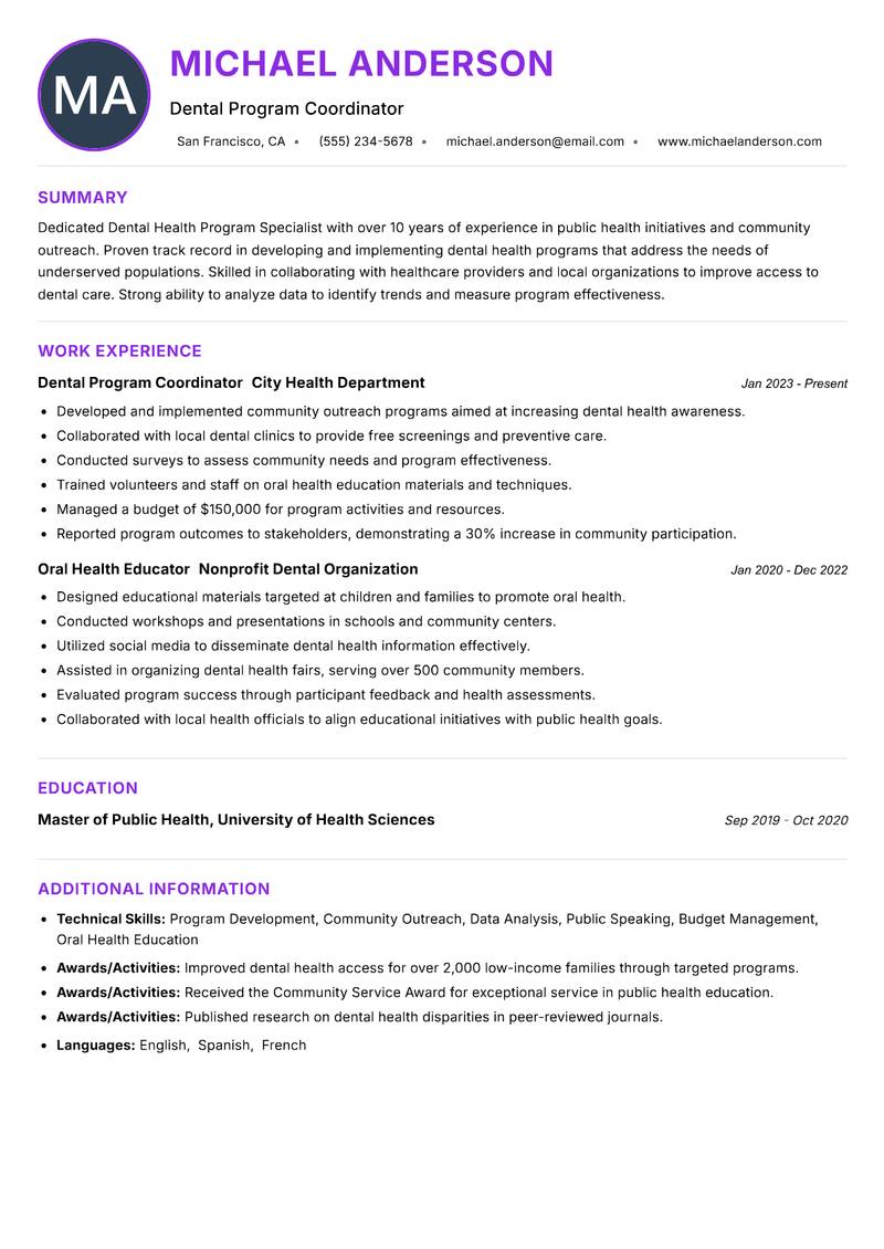 Dental Health Program Specialist resume example — ATS-friendly template