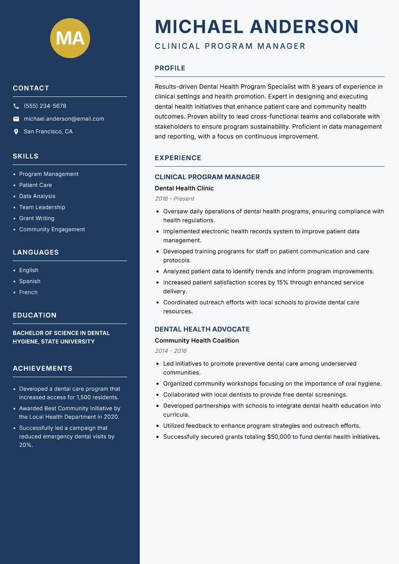 Dental Health Program Specialist resume template — Classic Clean