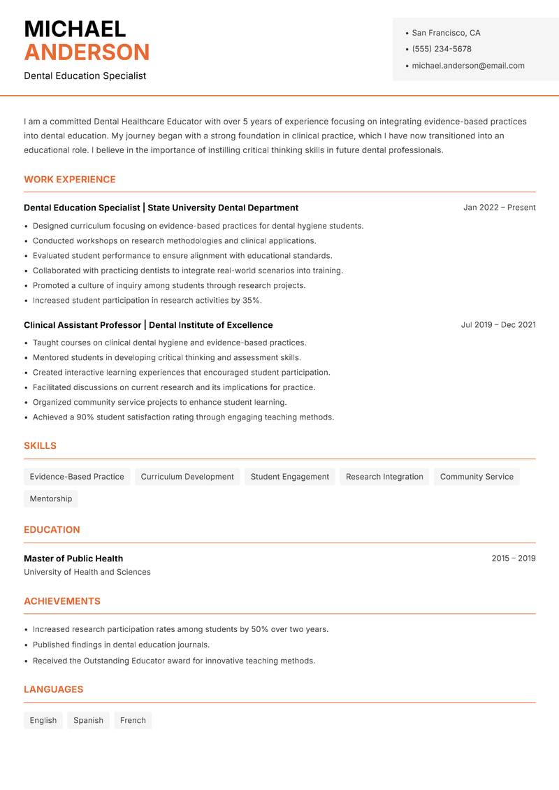 Dental Healthcare Educator resume template — Modern Professional