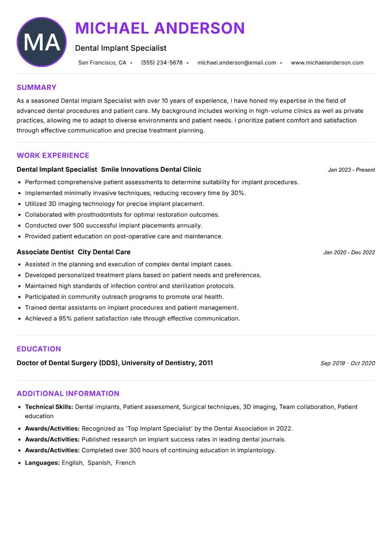 Dental Implant Specialist resume example — ATS-friendly template
