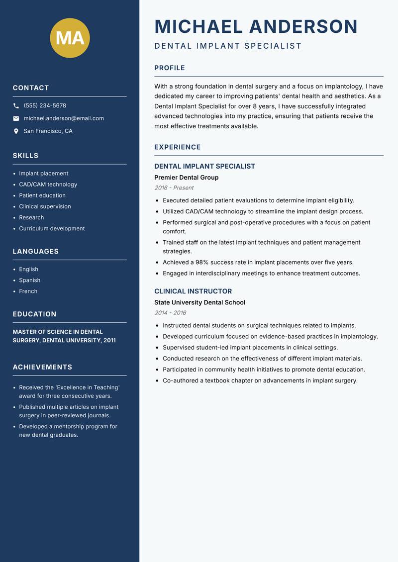Dental Implant Specialist resume template — Classic Clean