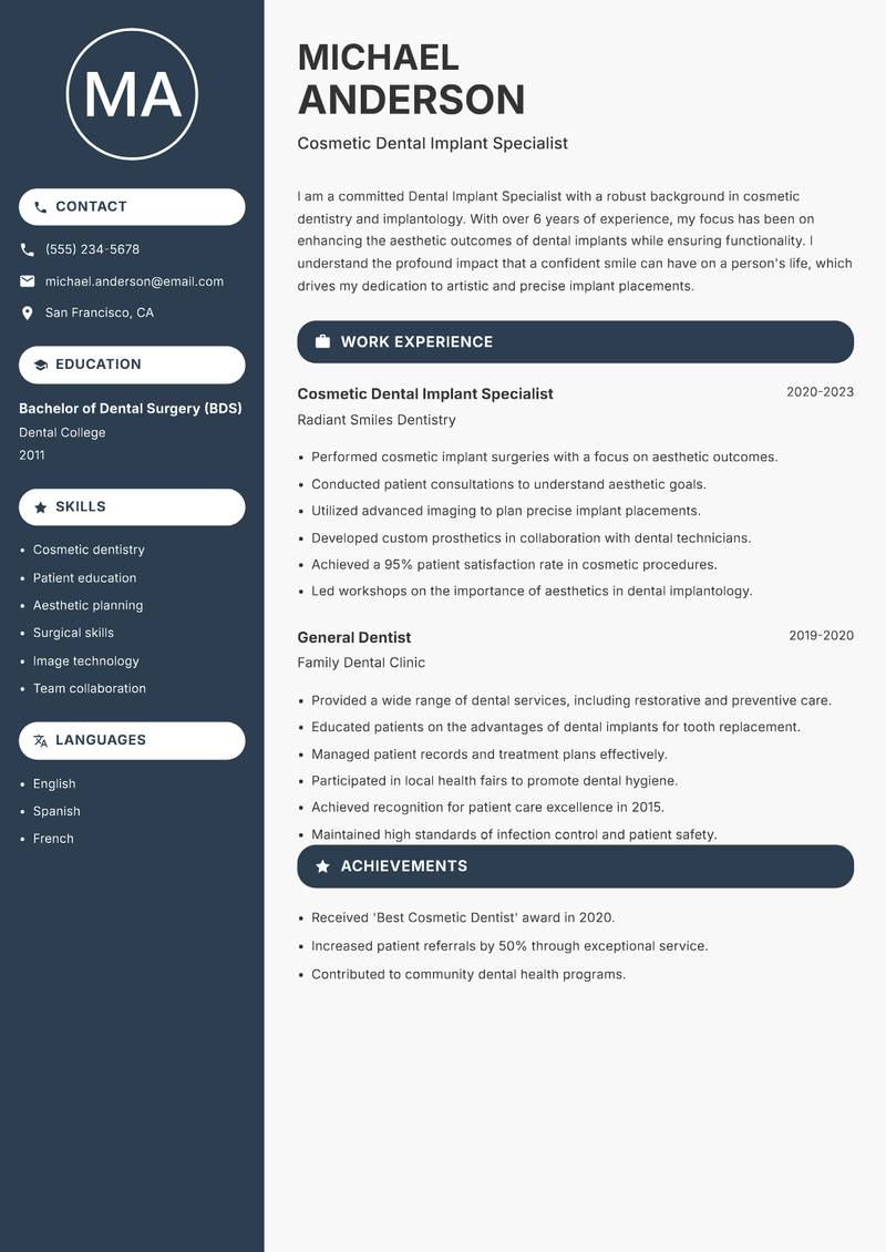 Dental Implant Specialist resume template — Compact