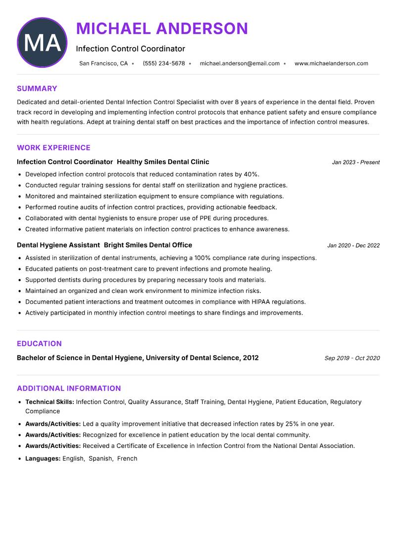 Dental Infection Control Specialist resume example — ATS-friendly template