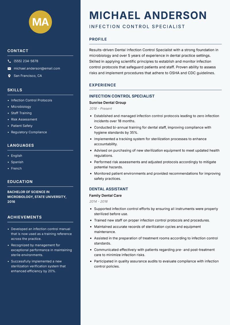 Dental Infection Control Specialist resume template — Classic Clean