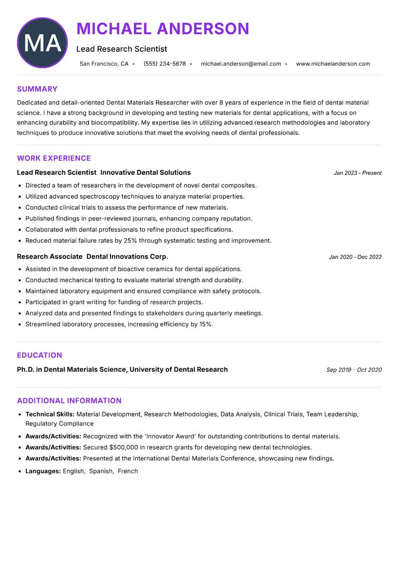 Dental Materials Researcher resume example — ATS-friendly template