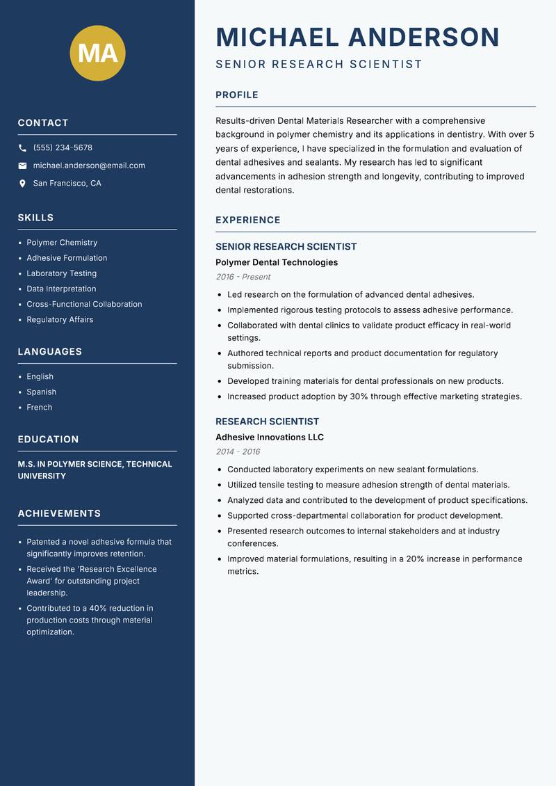 Dental Materials Researcher resume template — Classic Clean