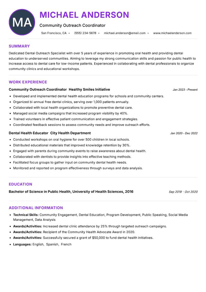 Dental Outreach Specialist resume example — ATS-friendly template