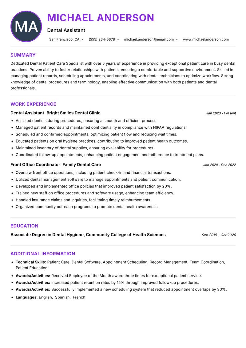 Dental Patient Care Specialist resume example — ATS-friendly template